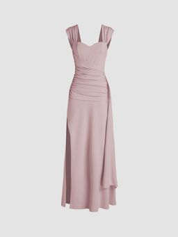 Cider - Satin Sweetheart Ruched Split Maxi Dress