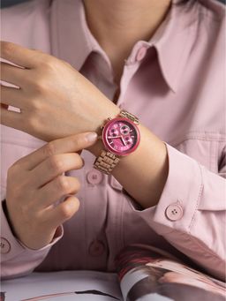 French Connection - ChronaLuxe Women Stainless Steel Round Pink Dial Watch-FCMX05RGM (Medium)