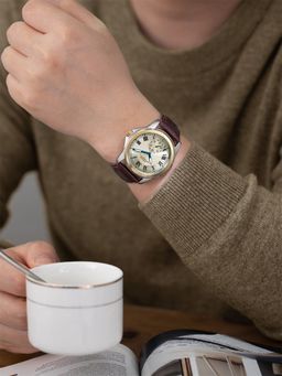 French Connection - Romanite Men Leather Round Gold Dial Watch-FCMX07BRL (Medium)
