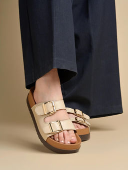 Shoetopia - Women Cream Dual Buckle Comfort Sandals