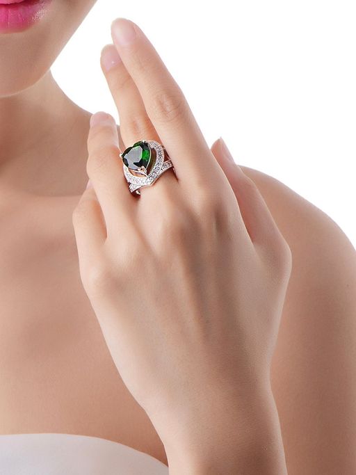 Yellow Chimes Silver-Toned Platinum-Plated Green and White Crystal Studded Finger Ring