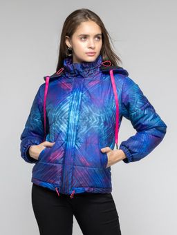 SHAYE - Hooded Neck Blue Printed Long Sleeves Puffer Jackets for Women