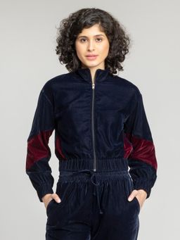 SHAYE - High Neck Blue Solid Long Sleeves Casual Jacket for Women