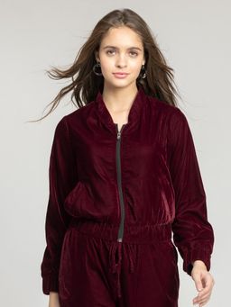 SHAYE - V Neck Maroon Solid Long Sleeves Casual Jacket for Women