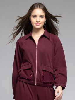 SHAYE - Shirt Collar Wine Solid Long Sleeves Casual Jacket for Women
