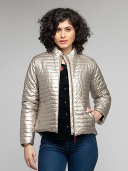 SHAYE - High Neck Pale Gold Solid Long Sleeves Puffer Jackets for Women