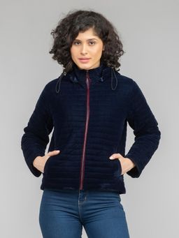 SHAYE - Hooded Navy Blue Solid Long Sleeves Velvet Puffer Jackets for Women
