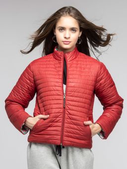 SHAYE - High Neck Red Solid Long Sleeves Reversible Puffer Jackets for Women