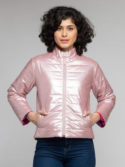 SHAYE - High Neck Blush Solid and Printed Long Sleeves Reversible Puffer Jackets for Women