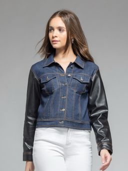 SHAYE - Shirt Collar Blue Solid Long Sleeves Party Jackets for Women