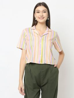 CRIMSOUNE CLUB - Women Mutli-colour Crop Shirt In Stripes