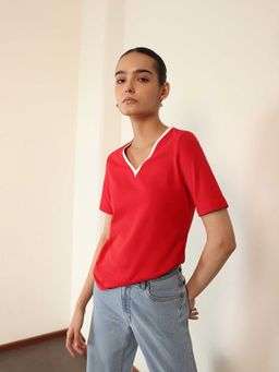 FABLE STREET - Cotton Relaxed Fit Half Sleeves Contrast Trim V-Neck Red Women T-Shirt