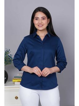 MLADA - Women Spread Collar Relaxed Fit Cotton Formal Placket Shirt Navy Blue