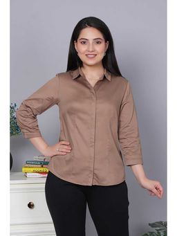 MLADA - Women Spread Collar Relaxed Fit Cotton Formal Placket Shirt Brown