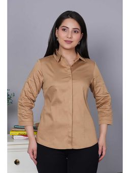 MLADA - Women Spread Collar Relaxed Fit Cotton Formal Placket Shirt Beige