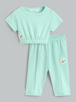 Hopscotch - 2-Pc Heart Detail Gathered Waist Cotton Top and Pant