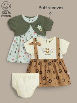 Hopscotch - Olive 2-Pack Pure Cotton Casual Dresses with Shrug and Bloomer