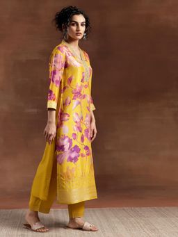Libas - Mustard Floral Printed Kurta with Brocade Pant & Dupatta (Set of 3)