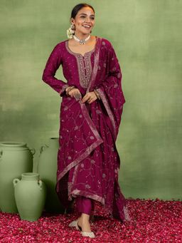 Libas - Maroon Floral Zari Embroidered Panelled Anarkali Kurta with Pant & Dupatta (Set of 3)