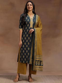 Libas - Green Floral Printed Straight Kurta with Palazzo & Dupatta (Set of 3)