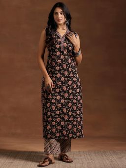 Libas - Black Floral Printed Sleeveless Straight Kurta with Pant
