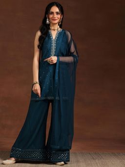Libas - Blue Floral Zari Embroidered Short Kurta with Palazzo & Dupatta (Set of 3)