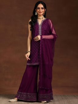 Libas - Wine Floral Zari Embroidered Short Kurta with Palazzo & Dupatta (Set of 3)