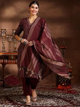 Libas - Maroon Woven Design Stripes Kurta with Salwar & Dupatta (Set of 3)