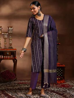 Libas - Navy Blue Ethnic Motif Woven Design Straight Kurta with Pant & Dupatta (Set of 3)