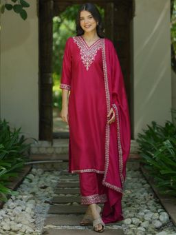 Libas - Pink Floral Zari Embroidered Yoke Design Kurta with Pant & Dupatta (Set of 3)