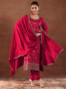Libas - Red Floral Woven Design Straight Kurta with Palazzo & Dupatta (Set of 3)