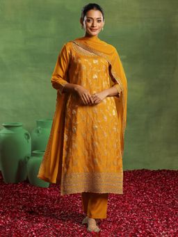 Libas - Mustard Floral Woven Design Straight Kurta with Palazzo & Dupatta (Set of 3)