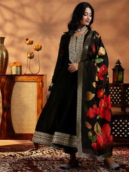 Libas - Black Floral Zari Embroidered Yoke Design Anarkali Kurta with Pant & Dupatta (Set of 3)