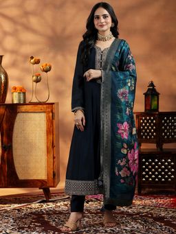 Libas - Blue Floral Zari Embroidered Yoke Design Anarkali Kurta with Pant & Dupatta (Set of 3)