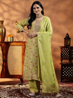 Libas - Green Floral Woven Design Straight Kurta with Palazzo & Dupatta (Set of 3)