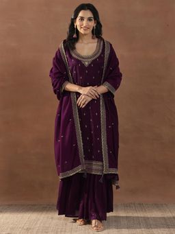 Libas - Wine Floral Zari Embroidered Straight Kurta with Sharara & Dupatta (Set of 3)
