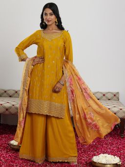 Libas - Mustard Floral Zari Embroidered Kurta with Palazzo & Dupatta (Set of 3)