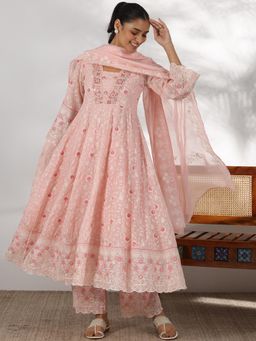 Libas - Pink Floral Embroidered Chikankari Anarkali Kurta with Palazzo & Dupatta (Set of 3)
