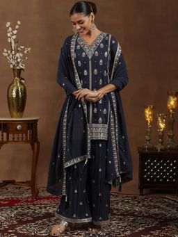 Libas - Grey Floral Embroidered Short Padded Kurta with Palazzo & Dupatta (Set of 3)