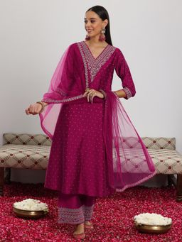 Libas - Magenta Ethnic Motif Woven Design A-Line Kurta with Palazzo & Dupatta (Set of 3)