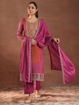 Libas - Pink Bandhani Printed Straight Kurta with Pant & Dupatta (Set of 3)