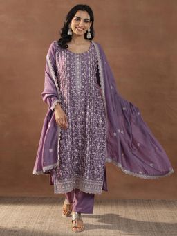 Libas - Purple Floral Embroidered Straight Kurta with Lining & Pant with Dupatta