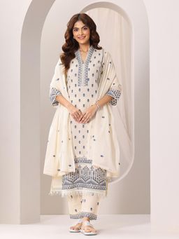 Libas - Off White Floral Embroidered Straight Kurta with Pant & Dupatta