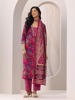 Libas - Pink Floral Printed Straight Kurta with Pant & Dupatta (Set of 3)