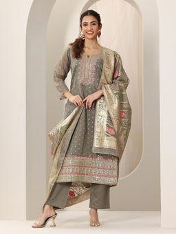 Libas - Grey Floral Embroidered Zari Work Straight Kurta & Pant with Dupatta