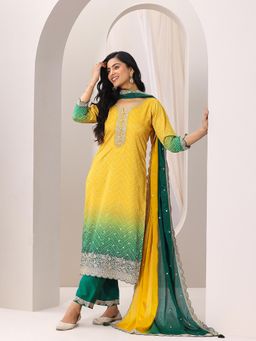 Libas - Mustard Chevron Print Embroidered Straight Kurta & Palazzo with Dupatta