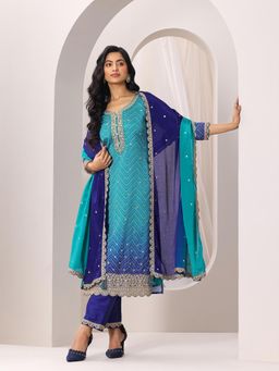 Libas - Blue Chevron Print Embroidered Straight Kurta & Palazzo with Dupatta