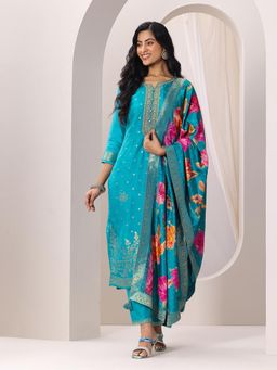 Libas - Rama Blue Floral Woven Design Straight Kurta with Pant & Dupatta