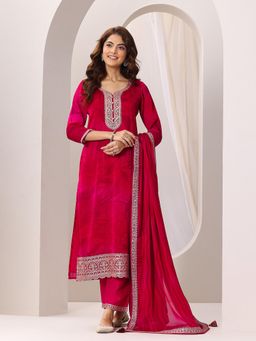 Libas - Red Floral Printed Embellishment Straight Kurta & Pant with Dupatta