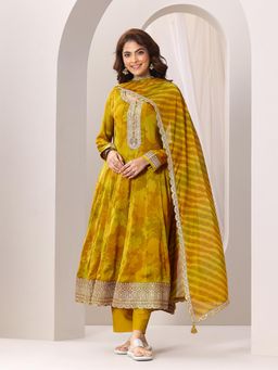 Libas - Mustard Floral Printed Embellishment Anarkali Kurta with Pant with Dupatta (Set of 3)